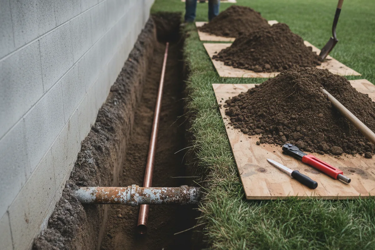 Excavated water line trench during Water Softener Installation in Westpoint
